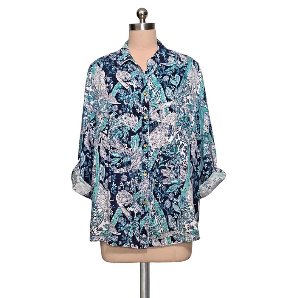CHARTER CLUB Blue Floral Print 100% Linen Button Up Shirt Top Blouse XL